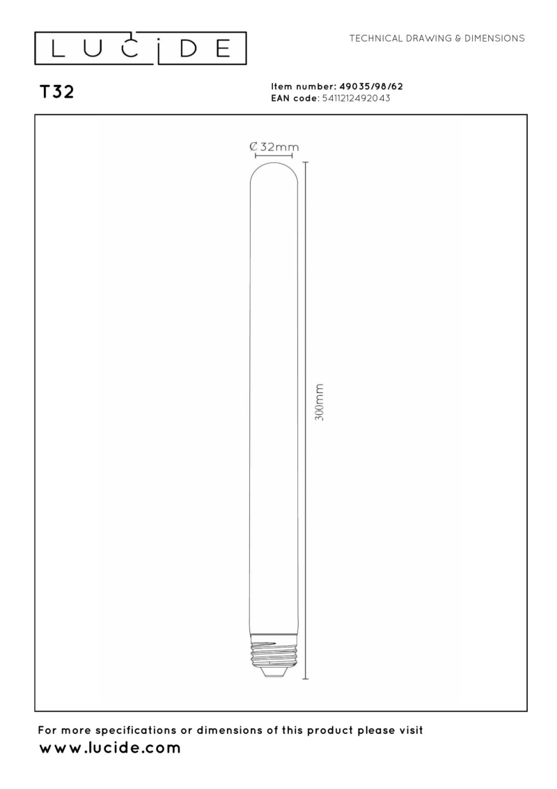 Lucide T32 - Filament bulb - Ø 3,2 cm - E27 - 1x4,9W 2200K - Amber